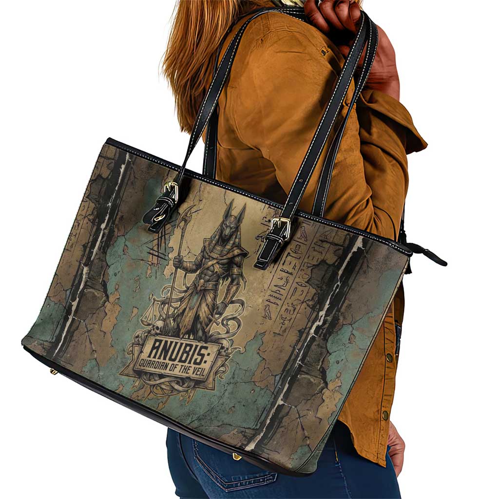 Anubis Leather Tote Bag Ancient Egyptian Aged Papyrus, Scales of Justice, and Egyptian Hieroglyph - Wonder Print Shop