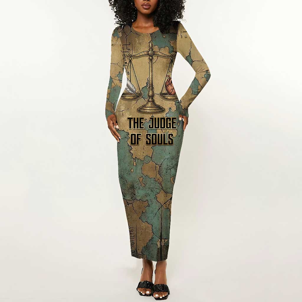 Anubis Long Sleeve Bodycon Dress Ancient Egyptian Aged Papyrus, Scales of Justice, and Egyptian Hieroglyph - Wonder Print Shop