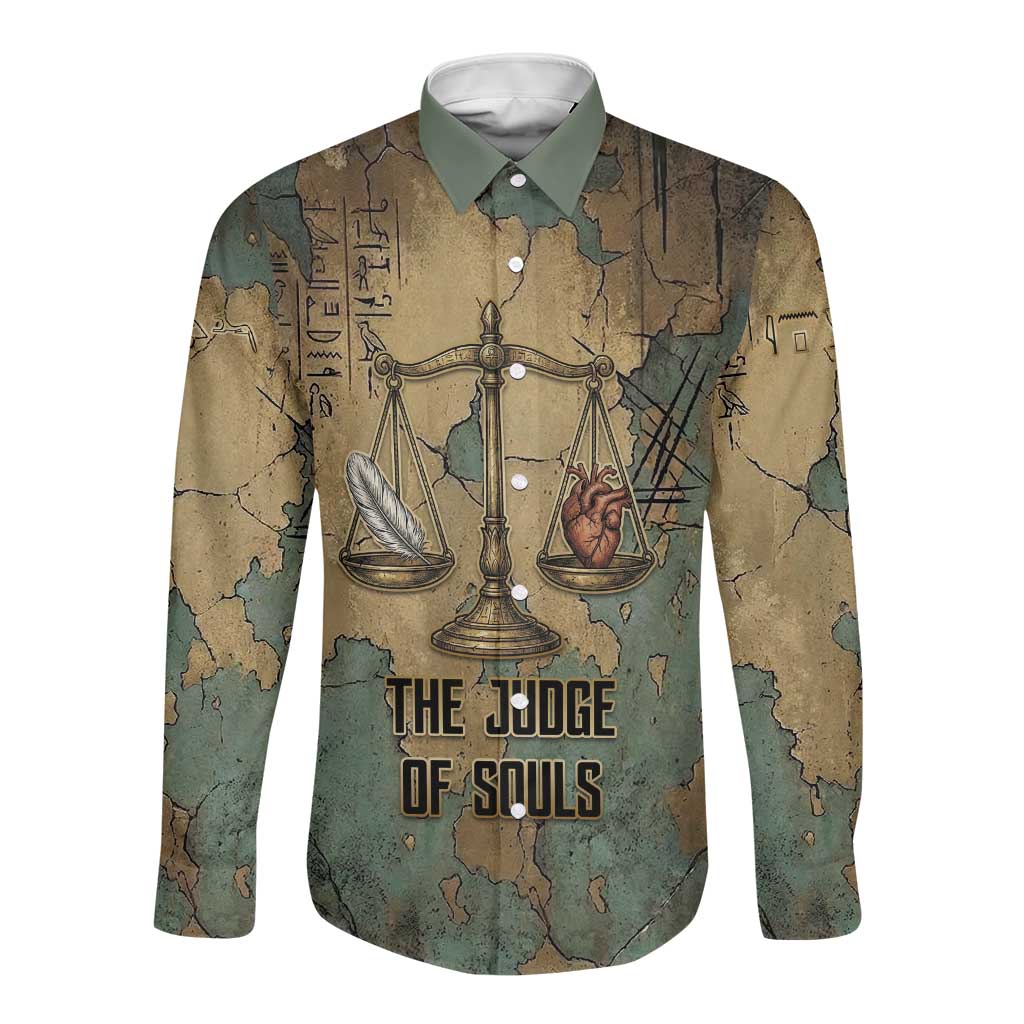 Anubis Long Sleeve Button Shirt Ancient Egyptian Aged Papyrus, Scales of Justice, and Egyptian Hieroglyph - Wonder Print Shop