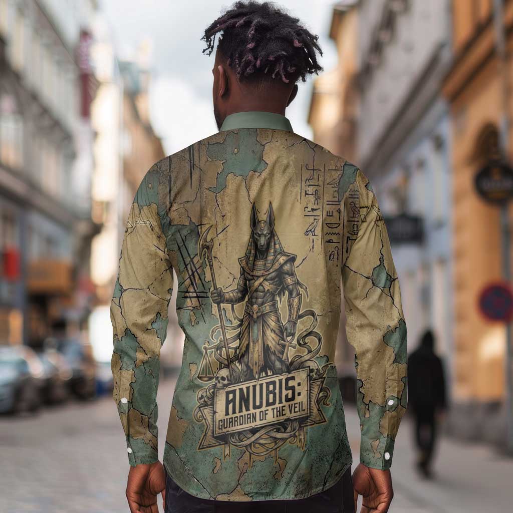 Anubis Long Sleeve Button Shirt Ancient Egyptian Aged Papyrus, Scales of Justice, and Egyptian Hieroglyph - Wonder Print Shop