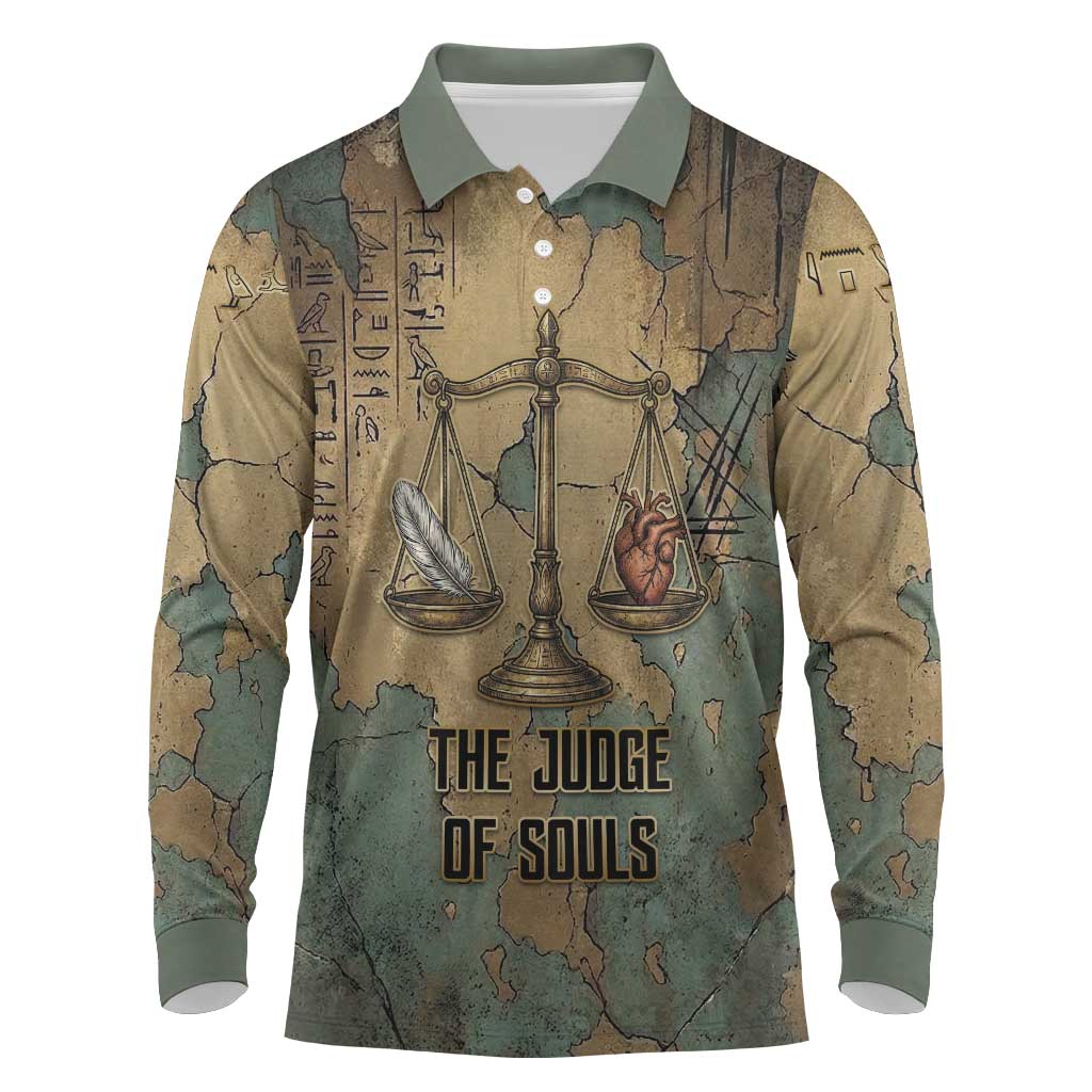 Anubis Long Sleeve Polo Shirt Ancient Egyptian Aged Papyrus, Scales of Justice, and Egyptian Hieroglyph - Wonder Print Shop