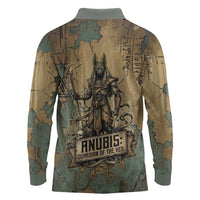 Anubis Long Sleeve Polo Shirt Ancient Egyptian Aged Papyrus, Scales of Justice, and Egyptian Hieroglyph - Wonder Print Shop