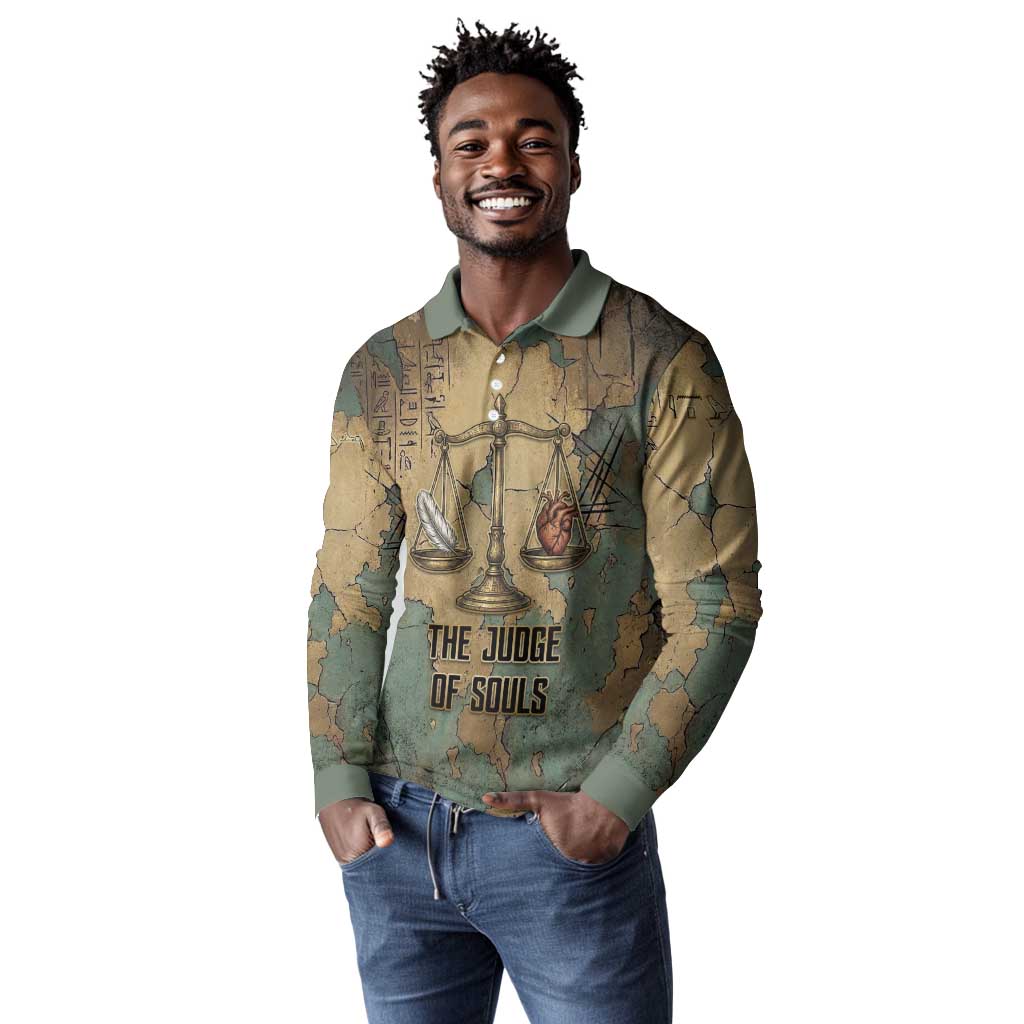 Anubis Long Sleeve Polo Shirt Ancient Egyptian Aged Papyrus, Scales of Justice, and Egyptian Hieroglyph - Wonder Print Shop