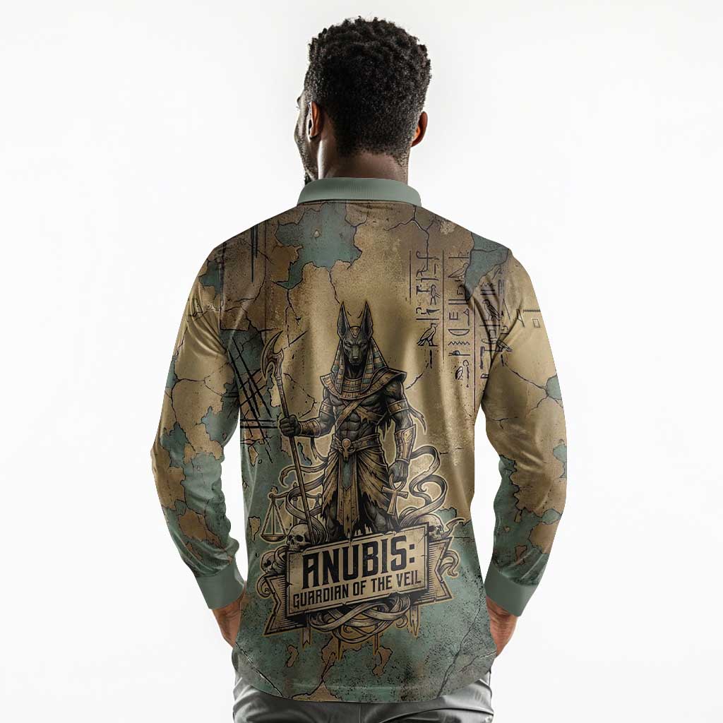 Anubis Long Sleeve Polo Shirt Ancient Egyptian Aged Papyrus, Scales of Justice, and Egyptian Hieroglyph - Wonder Print Shop