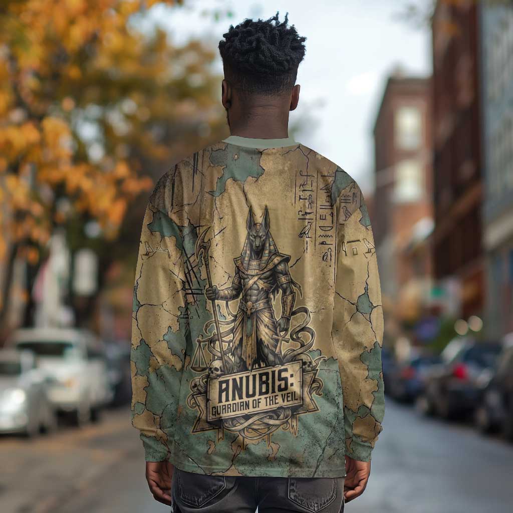 Anubis Long Sleeve Shirt Ancient Egyptian Aged Papyrus, Scales of Justice, and Egyptian Hieroglyph - Wonder Print Shop