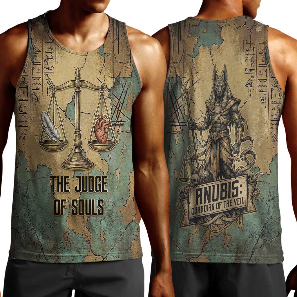Anubis Men Tank Top Ancient Egyptian Aged Papyrus, Scales of Justice, and Egyptian Hieroglyph - Wonder Print Shop