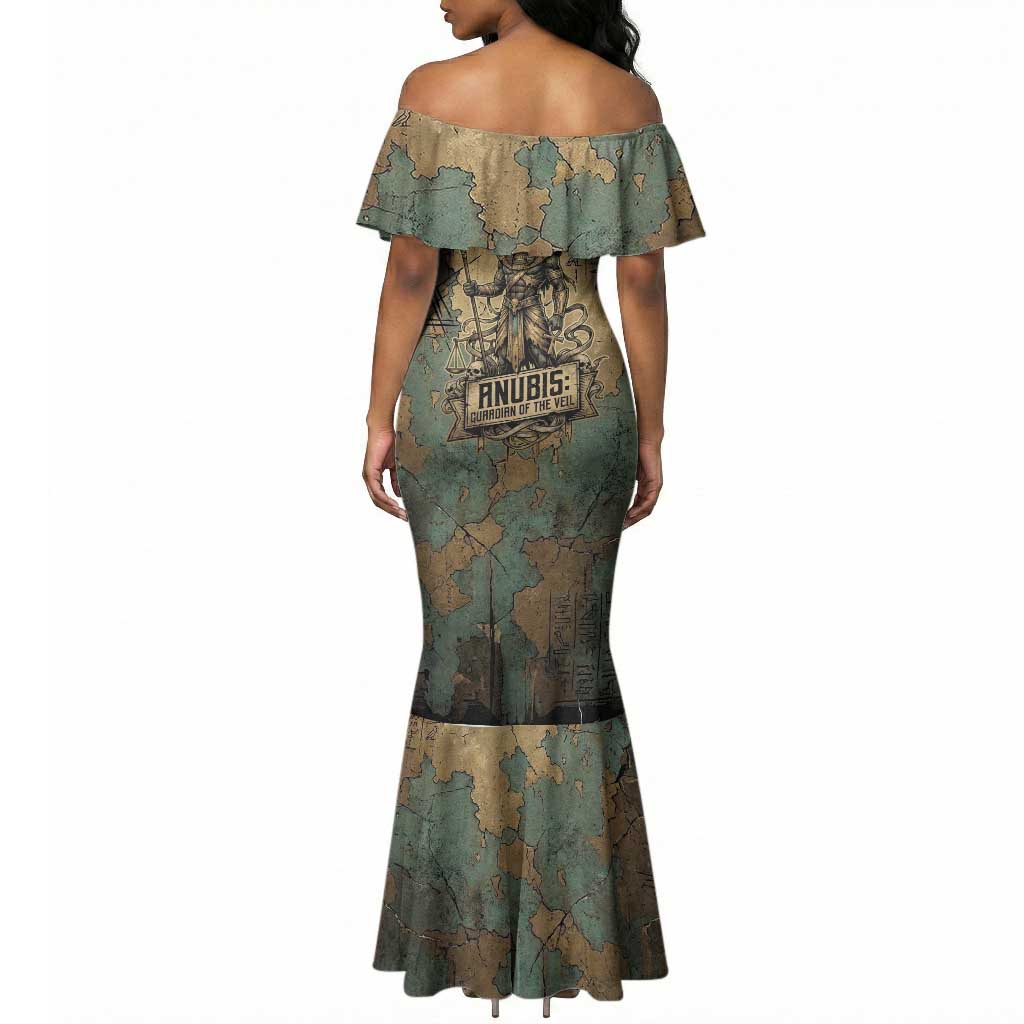 Anubis Mermaid Dress Ancient Egyptian Aged Papyrus, Scales of Justice, and Egyptian Hieroglyph - Wonder Print Shop
