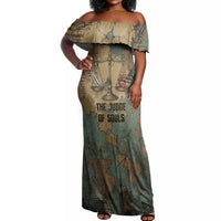 Anubis Off Shoulder Maxi Dress Ancient Egyptian Aged Papyrus, Scales of Justice, and Egyptian Hieroglyph - Wonder Print Shop