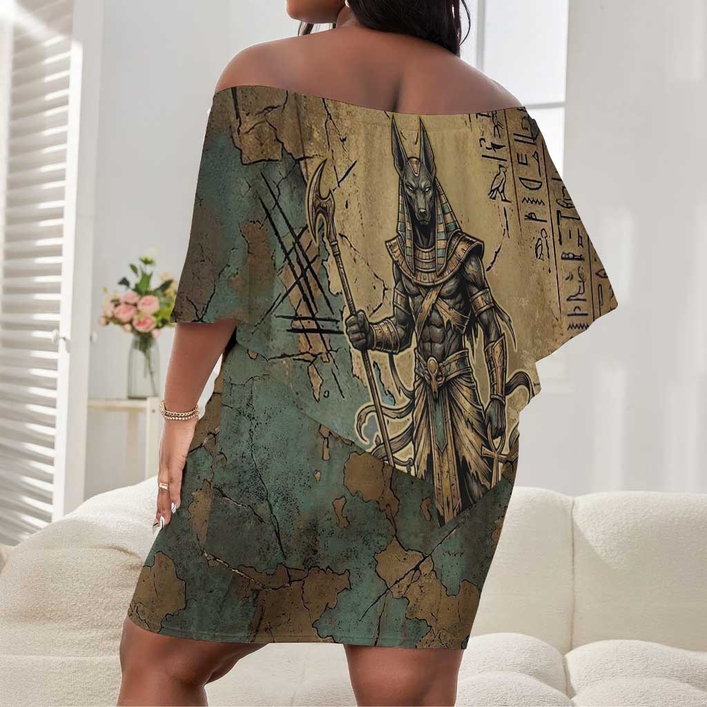 Anubis Off Shoulder Short Dress Ancient Egyptian Aged Papyrus, Scales of Justice, and Egyptian Hieroglyph - Wonder Print Shop