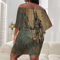 Anubis Off Shoulder Short Dress Ancient Egyptian Aged Papyrus, Scales of Justice, and Egyptian Hieroglyph - Wonder Print Shop