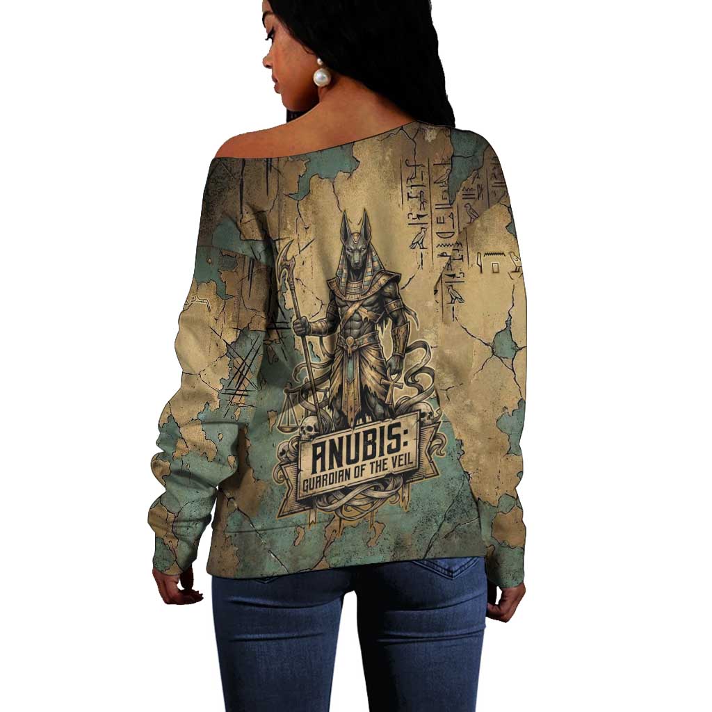 Anubis Off Shoulder Sweater Ancient Egyptian Aged Papyrus, Scales of Justice, and Egyptian Hieroglyph - Wonder Print Shop
