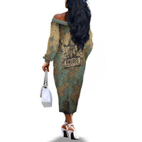 Anubis Off The Shoulder Long Sleeve Dress Ancient Egyptian Aged Papyrus, Scales of Justice, and Egyptian Hieroglyph - Wonder Print Shop