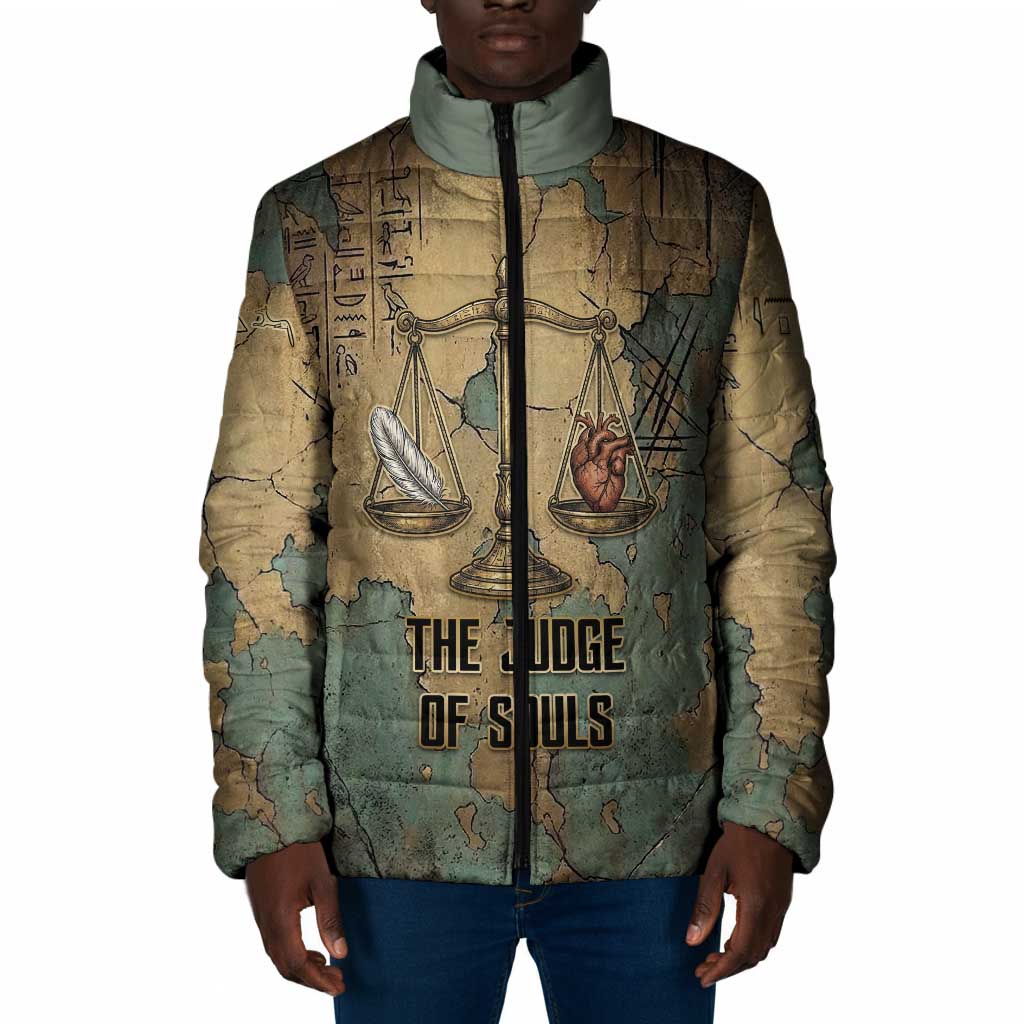 Anubis Padded Jacket Ancient Egyptian Aged Papyrus, Scales of Justice, and Egyptian Hieroglyph - Wonder Print Shop