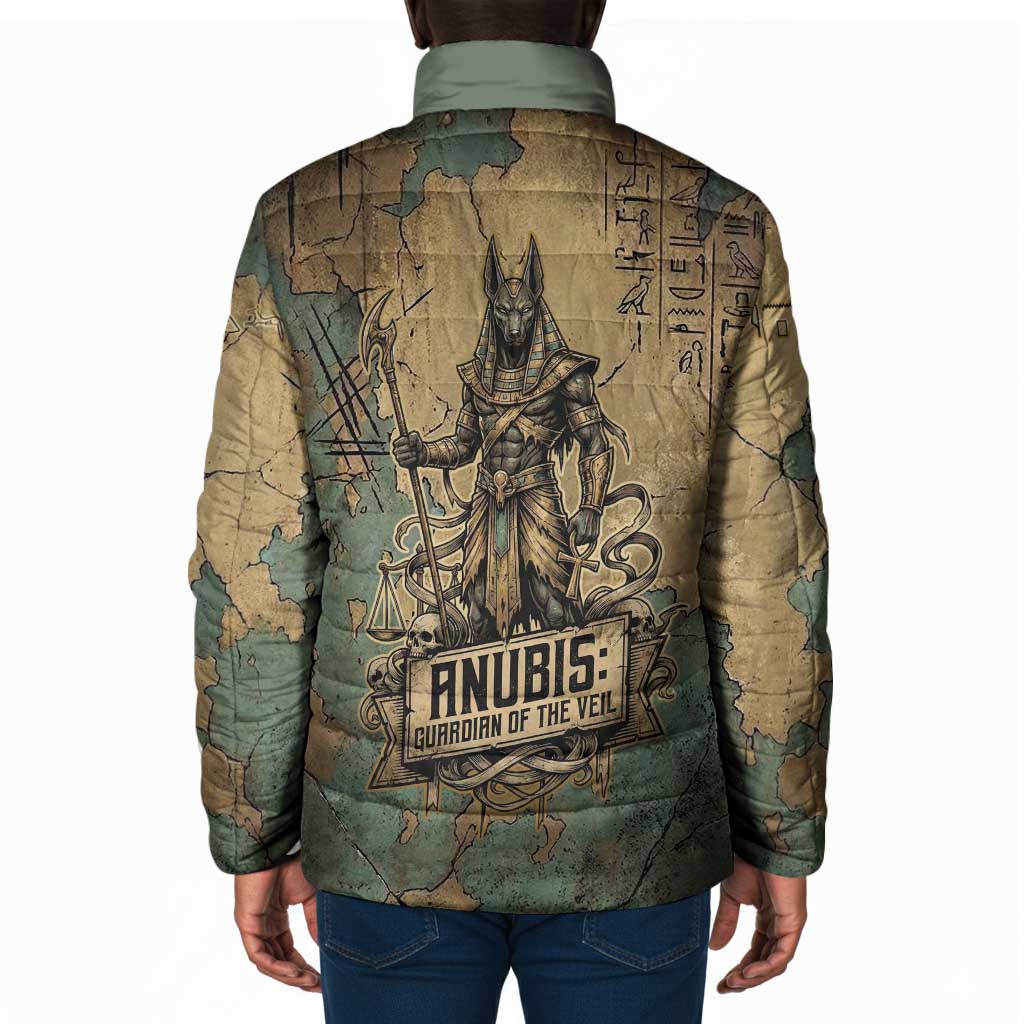 Anubis Padded Jacket Ancient Egyptian Aged Papyrus, Scales of Justice, and Egyptian Hieroglyph - Wonder Print Shop
