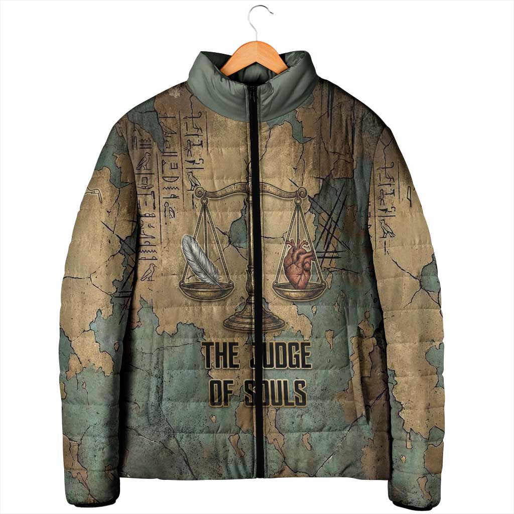 Anubis Padded Jacket Ancient Egyptian Aged Papyrus, Scales of Justice, and Egyptian Hieroglyph - Wonder Print Shop