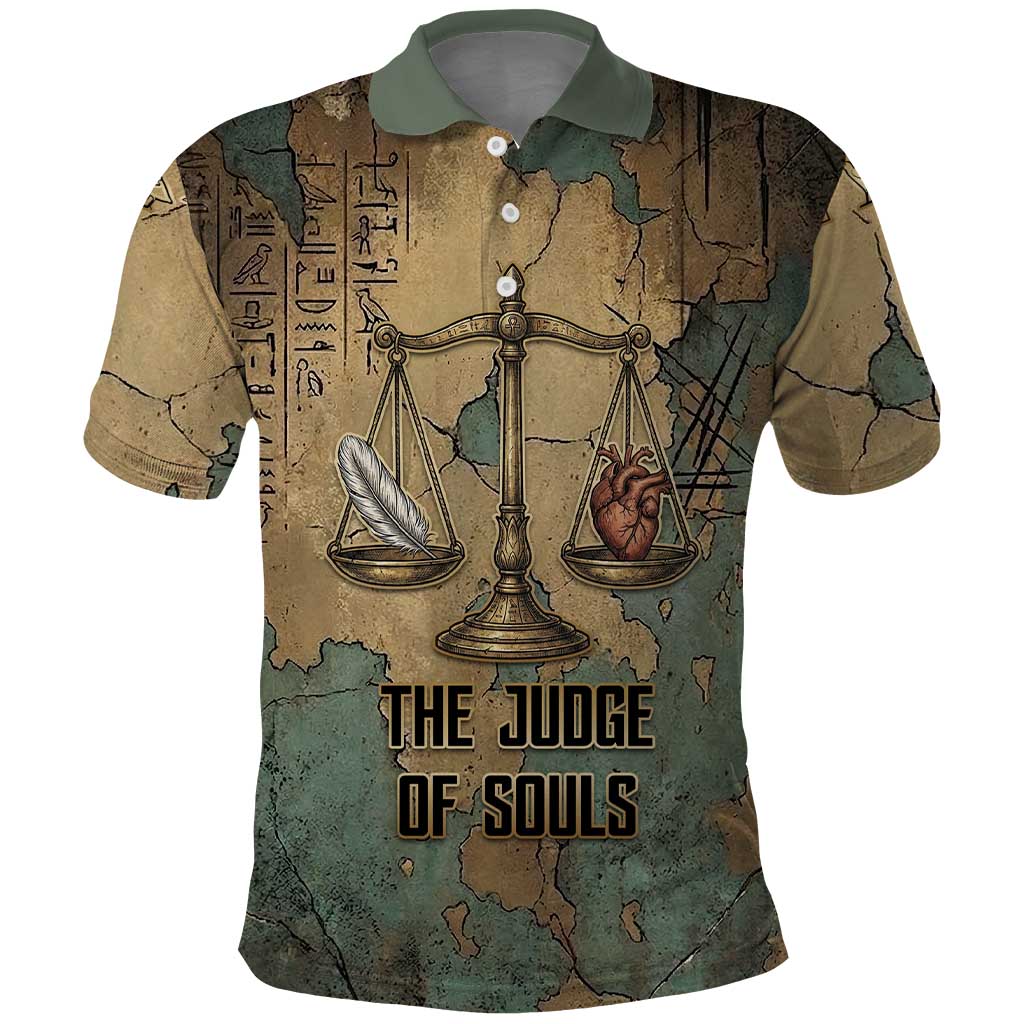 Anubis Polo Shirt Ancient Egyptian Aged Papyrus, Scales of Justice, and Egyptian Hieroglyph - Wonder Print Shop