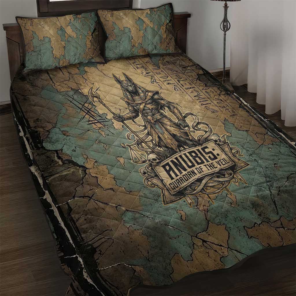 Anubis Quilt Bed Set Ancient Egyptian Aged Papyrus, Scales of Justice, and Egyptian Hieroglyph - Wonder Print Shop