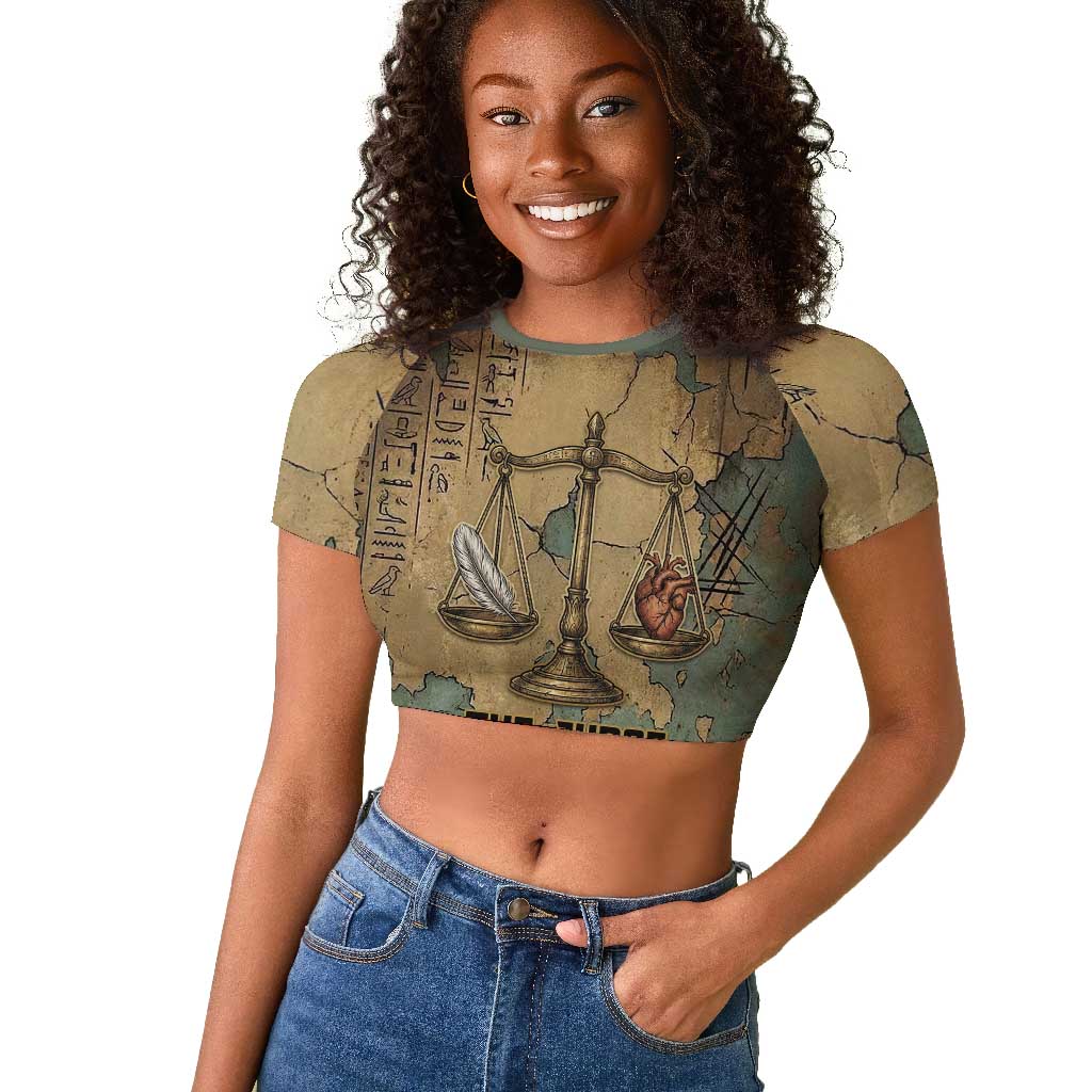 Anubis Raglan Cropped T shirt Ancient Egyptian Aged Papyrus, Scales of Justice, and Egyptian Hieroglyph - Wonder Print Shop
