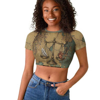 Anubis Raglan Cropped T shirt Ancient Egyptian Aged Papyrus, Scales of Justice, and Egyptian Hieroglyph - Wonder Print Shop