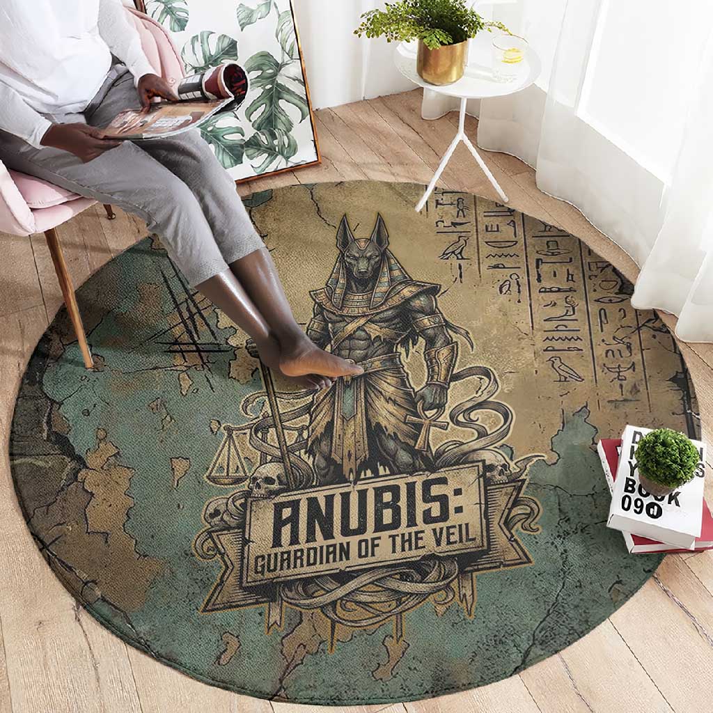 Anubis Round Carpet Ancient Egyptian Aged Papyrus, Scales of Justice, and Egyptian Hieroglyph - Wonder Print Shop