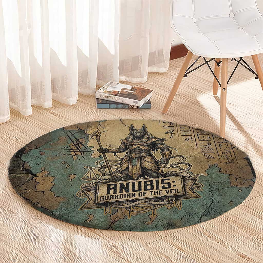 Anubis Round Carpet Ancient Egyptian Aged Papyrus, Scales of Justice, and Egyptian Hieroglyph - Wonder Print Shop