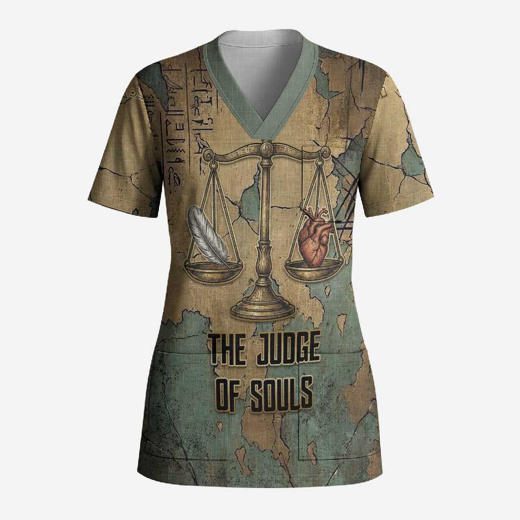 Anubis Scrub Top Ancient Egyptian Aged Papyrus, Scales of Justice, and Egyptian Hieroglyph - Wonder Print Shop