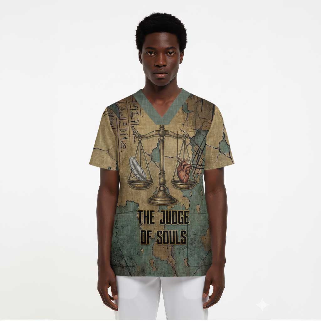 Anubis Scrub Top Ancient Egyptian Aged Papyrus, Scales of Justice, and Egyptian Hieroglyph - Wonder Print Shop
