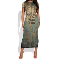 Anubis Short Sleeve Bodycon Dress Ancient Egyptian Aged Papyrus, Scales of Justice, and Egyptian Hieroglyph - Wonder Print Shop