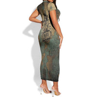 Anubis Short Sleeve Bodycon Dress Ancient Egyptian Aged Papyrus, Scales of Justice, and Egyptian Hieroglyph - Wonder Print Shop
