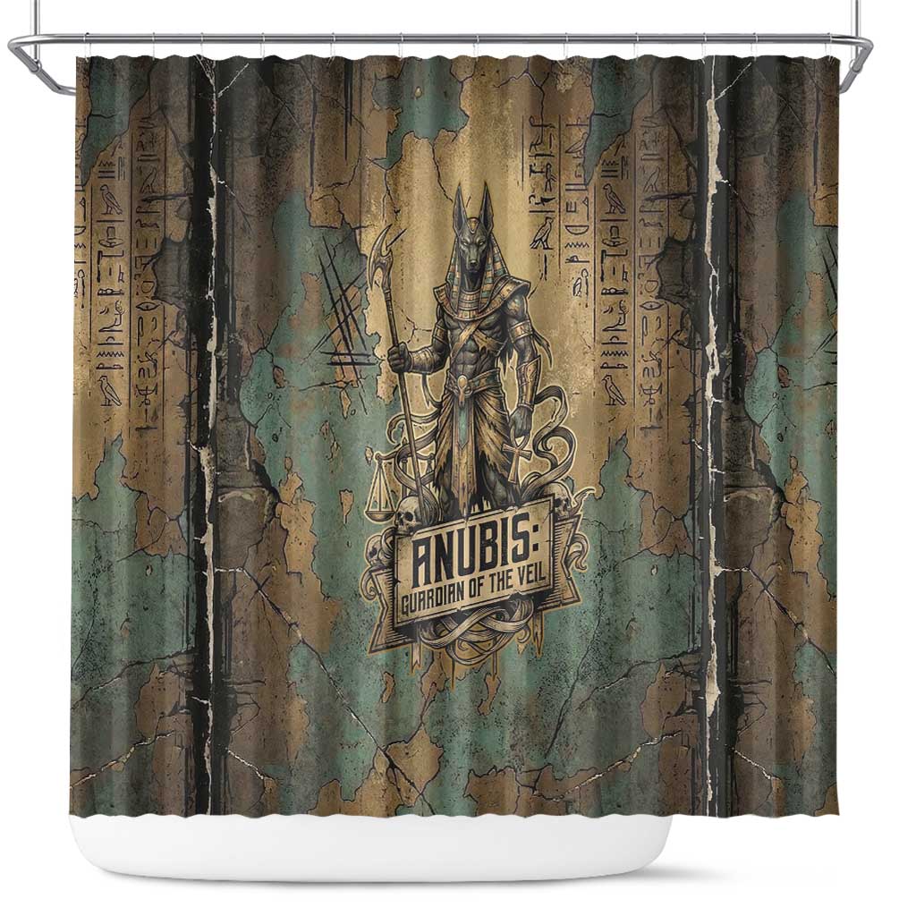 Anubis Shower Curtain Ancient Egyptian Aged Papyrus, Scales of Justice, and Egyptian Hieroglyph - Wonder Print Shop