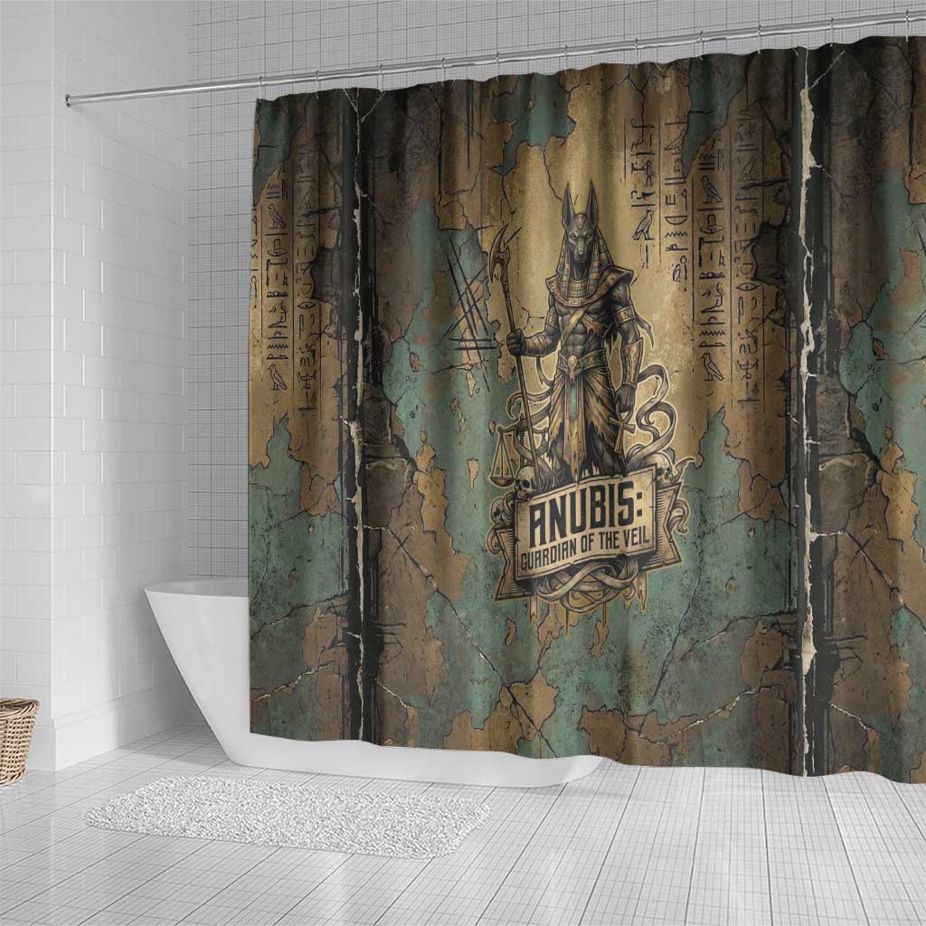 Anubis Shower Curtain Ancient Egyptian Aged Papyrus, Scales of Justice, and Egyptian Hieroglyph - Wonder Print Shop