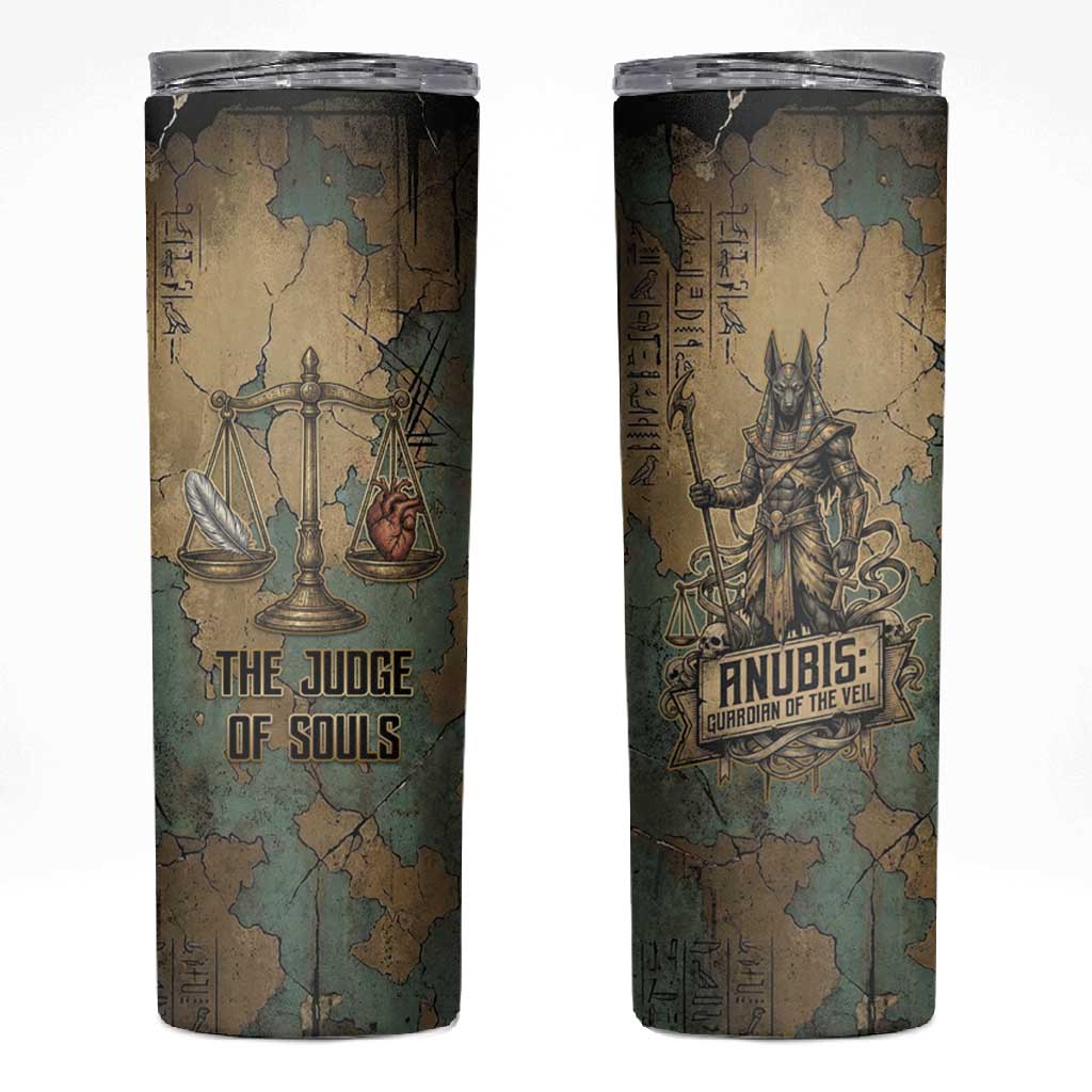 Anubis Skinny Tumbler Ancient Egyptian Aged Papyrus, Scales of Justice, and Egyptian Hieroglyph - Wonder Print Shop