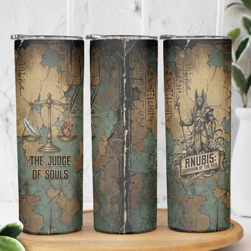 Anubis Skinny Tumbler Ancient Egyptian Aged Papyrus, Scales of Justice, and Egyptian Hieroglyph - Wonder Print Shop
