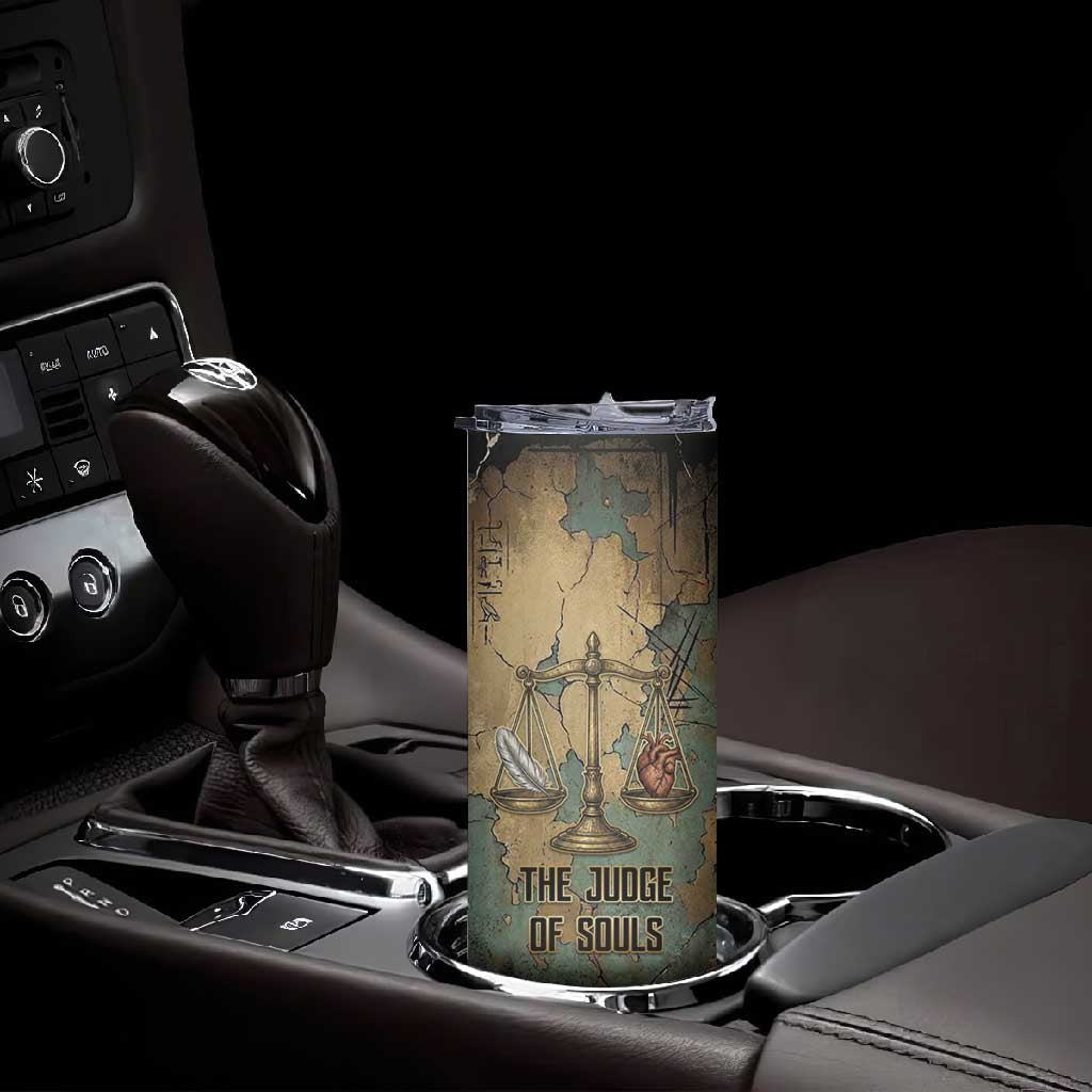 Anubis Skinny Tumbler Ancient Egyptian Aged Papyrus, Scales of Justice, and Egyptian Hieroglyph - Wonder Print Shop