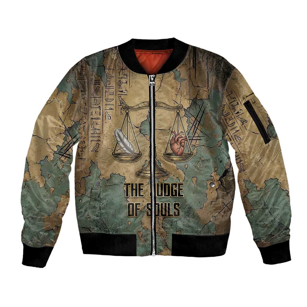 Anubis Sleeve Zip Bomber Jacket Ancient Egyptian Aged Papyrus, Scales of Justice, and Egyptian Hieroglyph - Wonder Print Shop