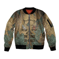 Anubis Sleeve Zip Bomber Jacket Ancient Egyptian Aged Papyrus, Scales of Justice, and Egyptian Hieroglyph - Wonder Print Shop