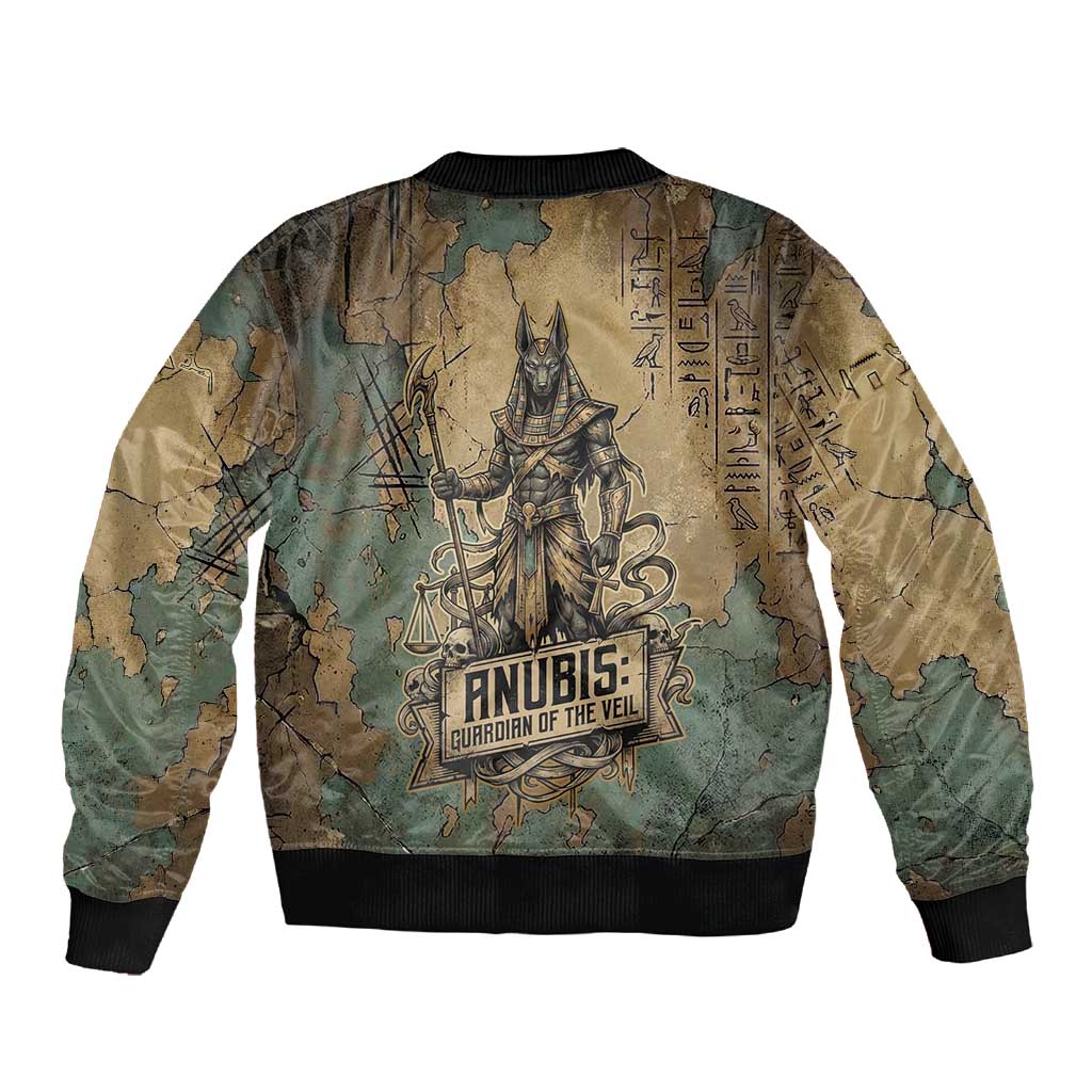 Anubis Sleeve Zip Bomber Jacket Ancient Egyptian Aged Papyrus, Scales of Justice, and Egyptian Hieroglyph - Wonder Print Shop