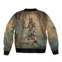 Anubis Sleeve Zip Bomber Jacket Ancient Egyptian Aged Papyrus, Scales of Justice, and Egyptian Hieroglyph - Wonder Print Shop