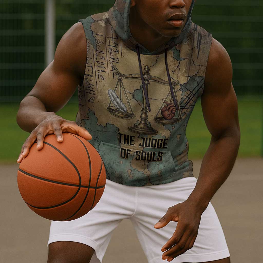 Anubis Sleeveless Hoodie Ancient Egyptian Aged Papyrus, Scales of Justice, and Egyptian Hieroglyph - Wonder Print Shop
