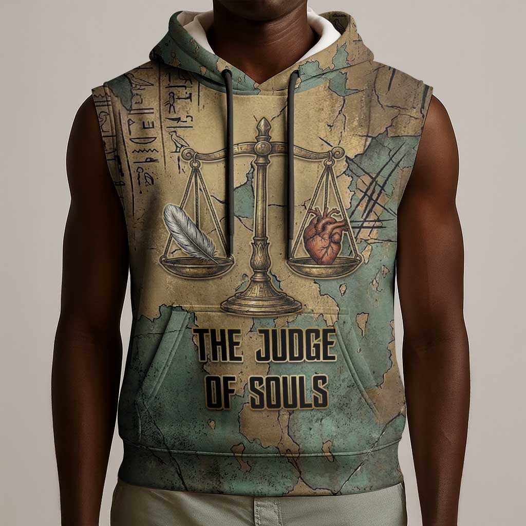 Anubis Sleeveless Hoodie Ancient Egyptian Aged Papyrus, Scales of Justice, and Egyptian Hieroglyph - Wonder Print Shop