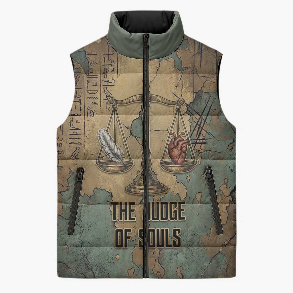 Anubis Sleeveless Puffer Jacket Ancient Egyptian Aged Papyrus, Scales of Justice, and Egyptian Hieroglyph - Wonder Print Shop