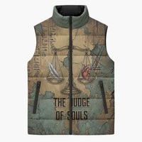 Anubis Sleeveless Puffer Jacket Ancient Egyptian Aged Papyrus, Scales of Justice, and Egyptian Hieroglyph - Wonder Print Shop