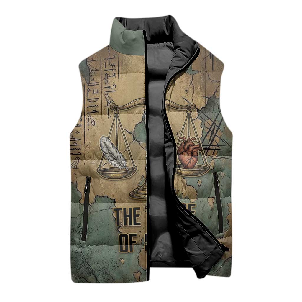 Anubis Sleeveless Puffer Jacket Ancient Egyptian Aged Papyrus, Scales of Justice, and Egyptian Hieroglyph - Wonder Print Shop