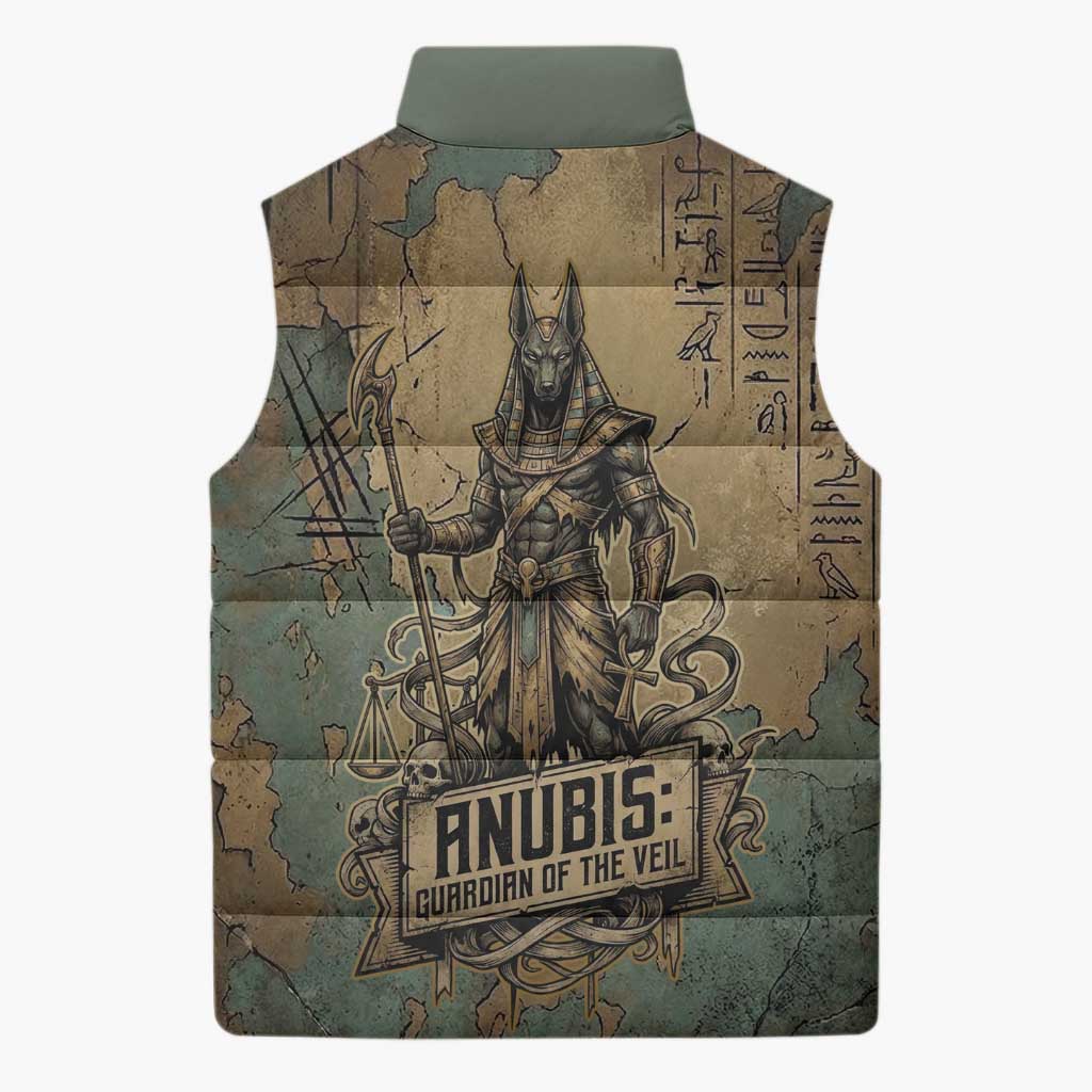 Anubis Sleeveless Puffer Jacket Ancient Egyptian Aged Papyrus, Scales of Justice, and Egyptian Hieroglyph - Wonder Print Shop