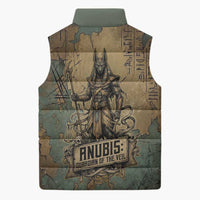 Anubis Sleeveless Puffer Jacket Ancient Egyptian Aged Papyrus, Scales of Justice, and Egyptian Hieroglyph - Wonder Print Shop
