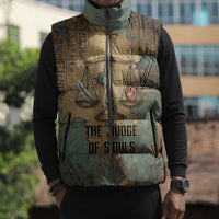 Anubis Sleeveless Puffer Jacket Ancient Egyptian Aged Papyrus, Scales of Justice, and Egyptian Hieroglyph - Wonder Print Shop