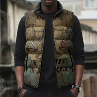 Anubis Sleeveless Puffer Jacket Ancient Egyptian Aged Papyrus, Scales of Justice, and Egyptian Hieroglyph - Wonder Print Shop