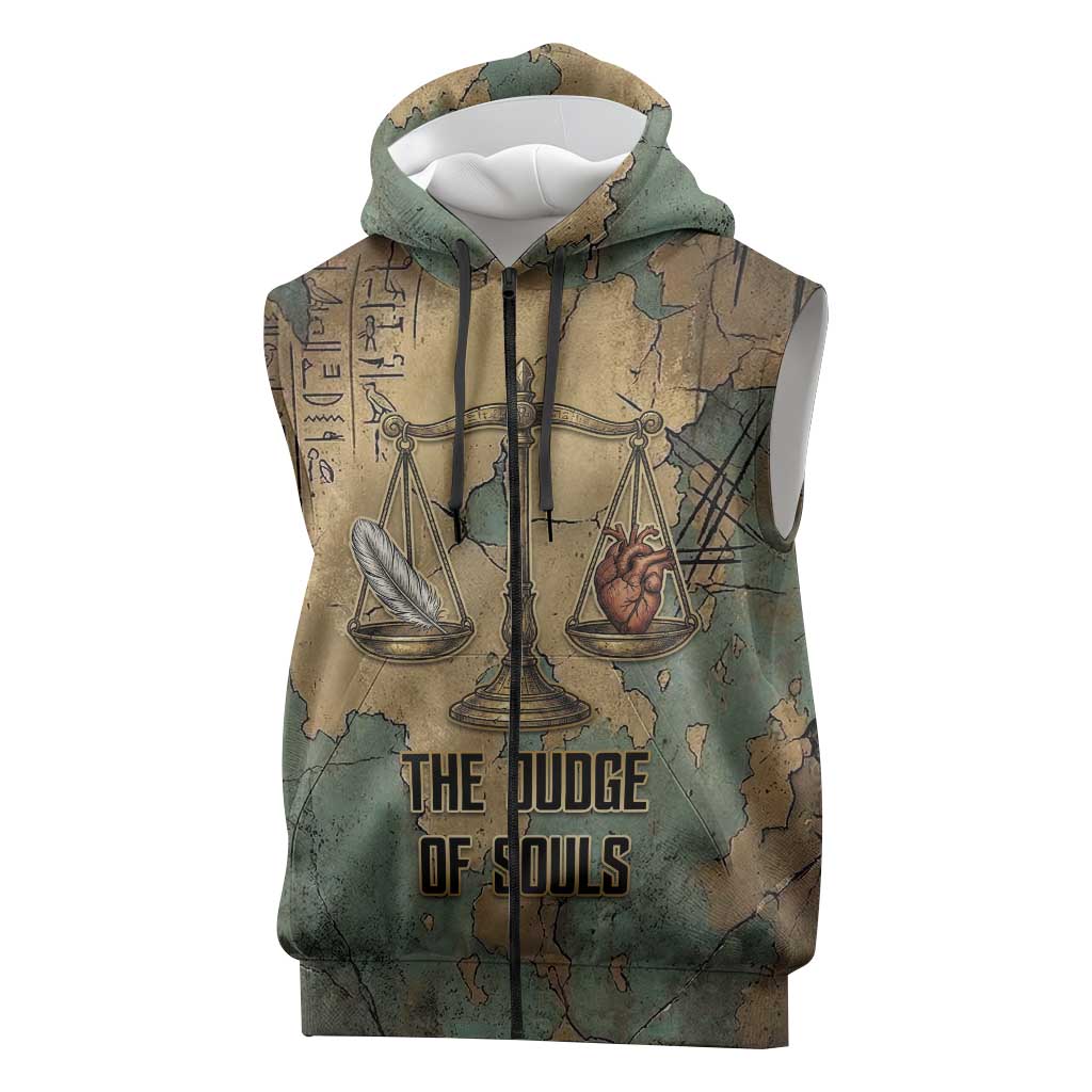 Anubis Sleeveless Zip Hoodie Ancient Egyptian Aged Papyrus, Scales of Justice, and Egyptian Hieroglyph - Wonder Print Shop