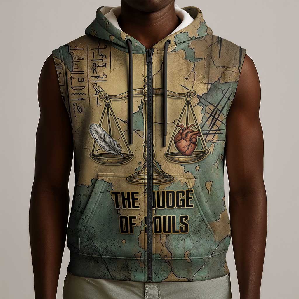 Anubis Sleeveless Zip Hoodie Ancient Egyptian Aged Papyrus, Scales of Justice, and Egyptian Hieroglyph - Wonder Print Shop