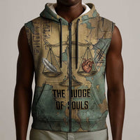 Anubis Sleeveless Zip Hoodie Ancient Egyptian Aged Papyrus, Scales of Justice, and Egyptian Hieroglyph - Wonder Print Shop